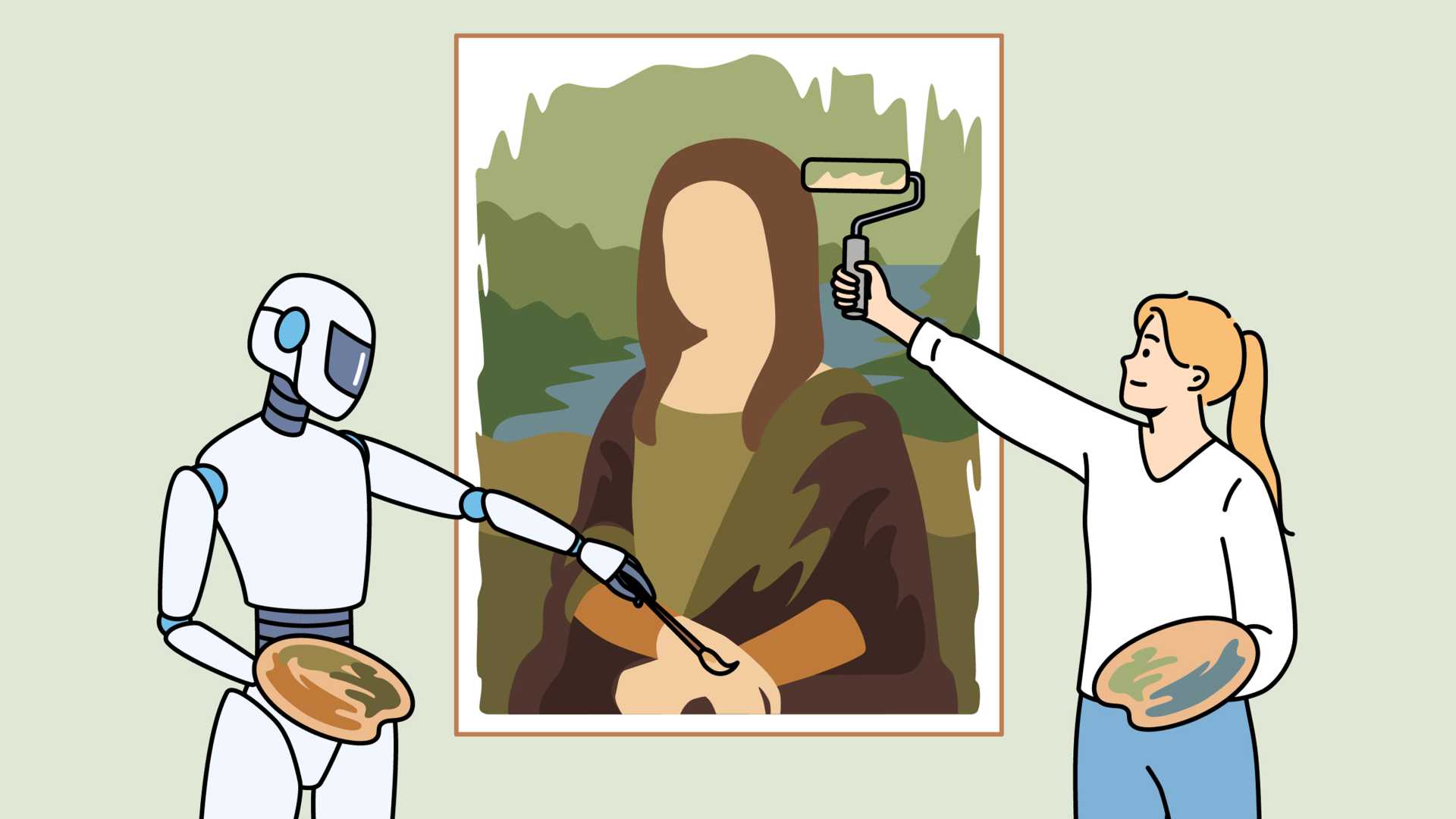 Robot helping woman with artwork.