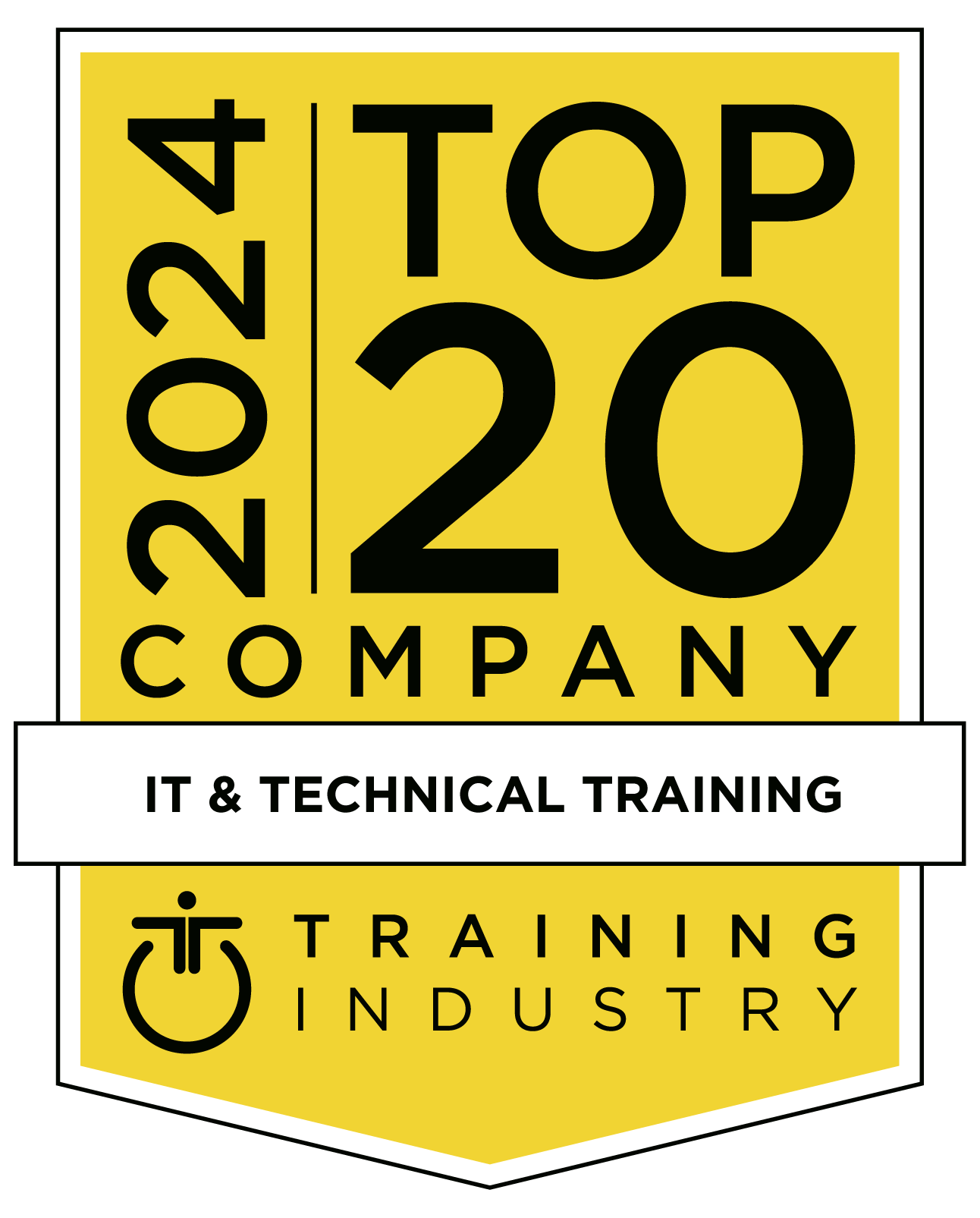 A yellow and black badge for Training Industry's 2024 Top 20 IT and Technical Training Companies